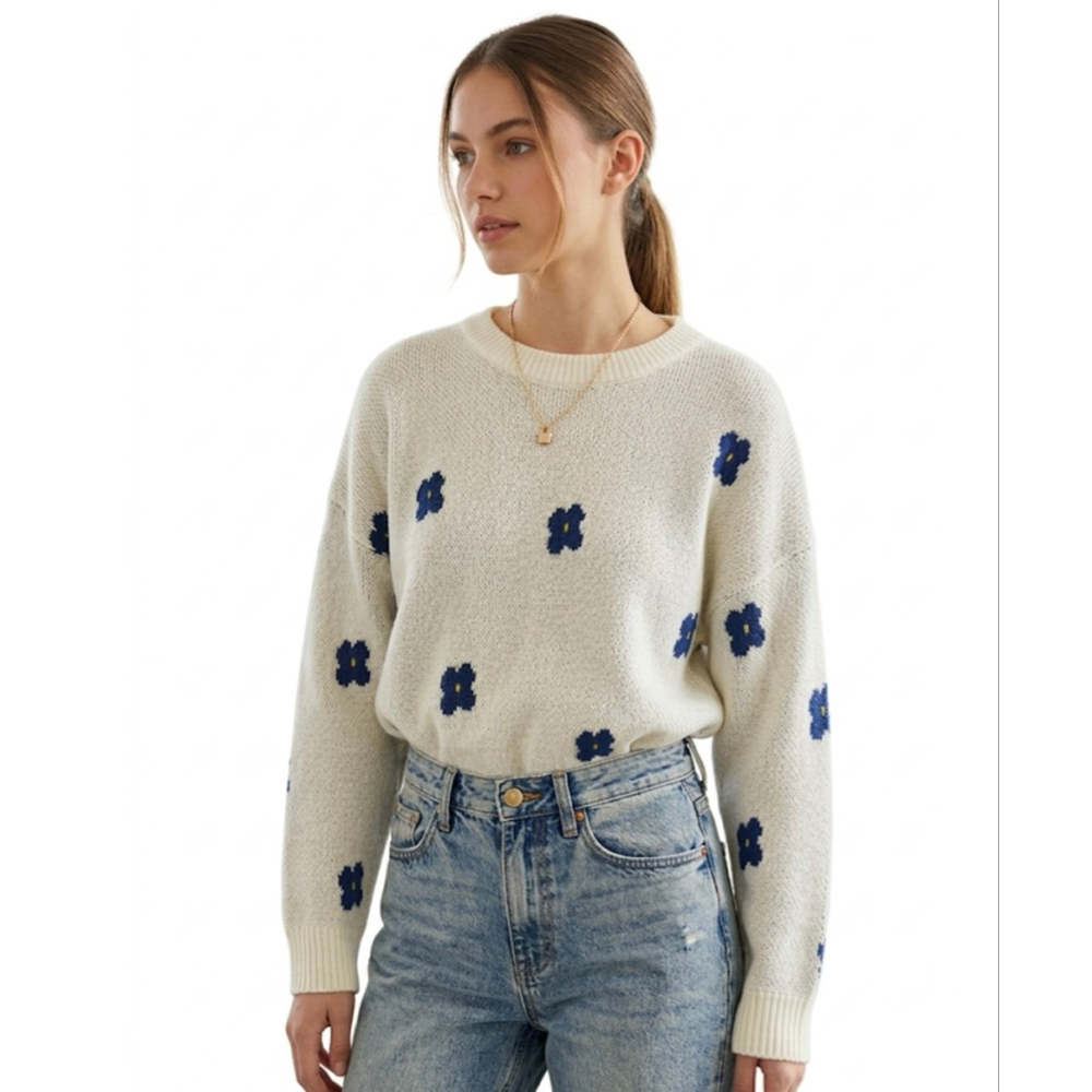 SHEIN Crew Neck Sweater M White Blue Floral